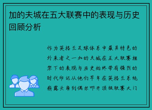 加的夫城在五大联赛中的表现与历史回顾分析 加的夫城在五大联赛中的表现与历史回顾分析